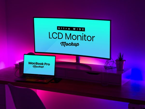 Мокап широкоэкранный ЖК-монитор и MacBook Pro